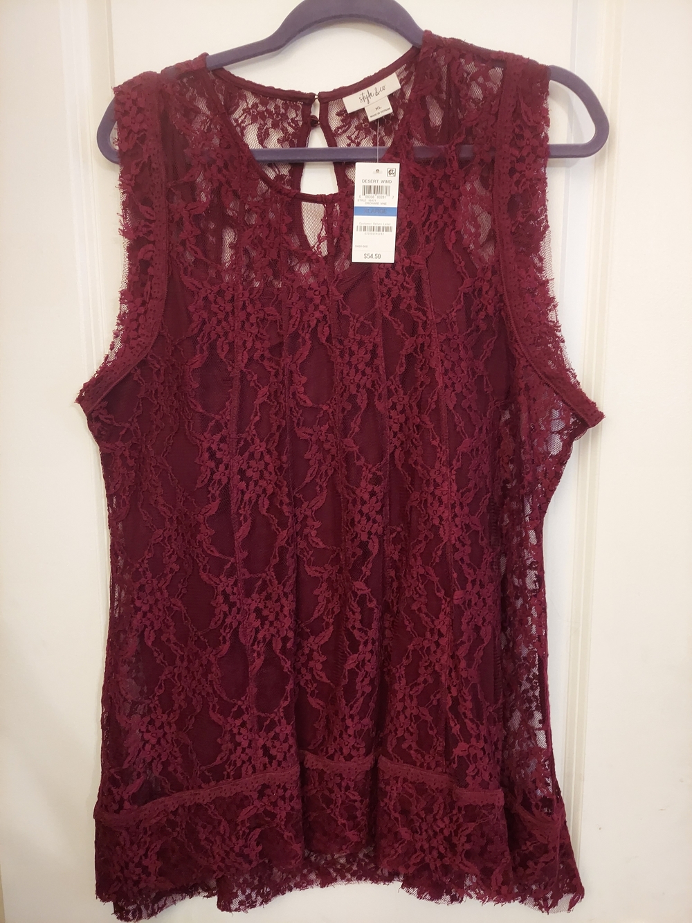 NWT Style & Co. Women's Burgundy Lace Sleeveless Tunic Top - XL